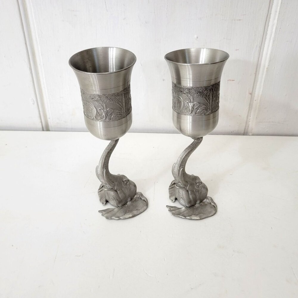 Elephant-Themed Pewter Wine Goblets Pair - Picture 11 of 11